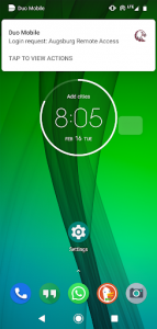 Duo Mobile: Login request Augsburg Remote Access: Tap to view actions